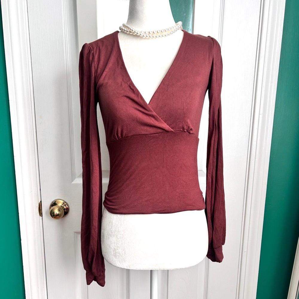 Lulus Long Sleeve V-Neck Wrap Top in Wine Color , Small